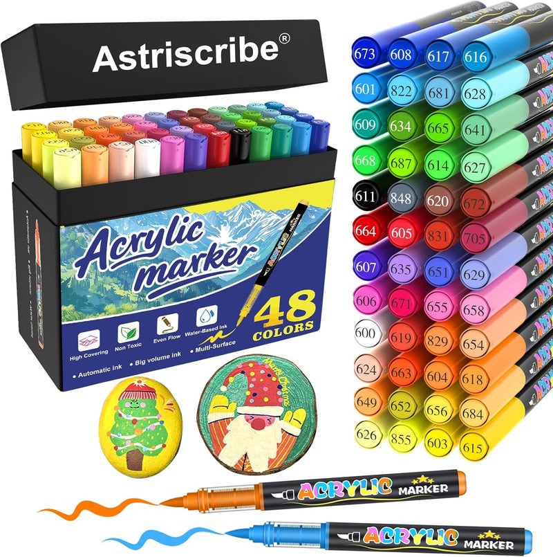 Astriscribe 48 Colors Acrylic Paint Pens Markers, No-Bleed Brush Tip Acrylic Markers with Automatic Ink Control System, for Stone, Wood, Canvas, Ceramic, Glass, Metal, Rock Painting, Crafts Art Supplies Kit - Image 1